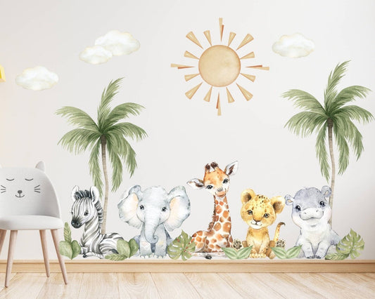 Vinilos decorativos Adhesivos infantiles de pared de acuarela de animales de safari de bebé (0032)
