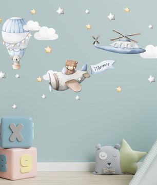 Vinilos decorativos Adhesivos infantiles de Pared  oso teddy aviador con globo aerostático niño (0016)