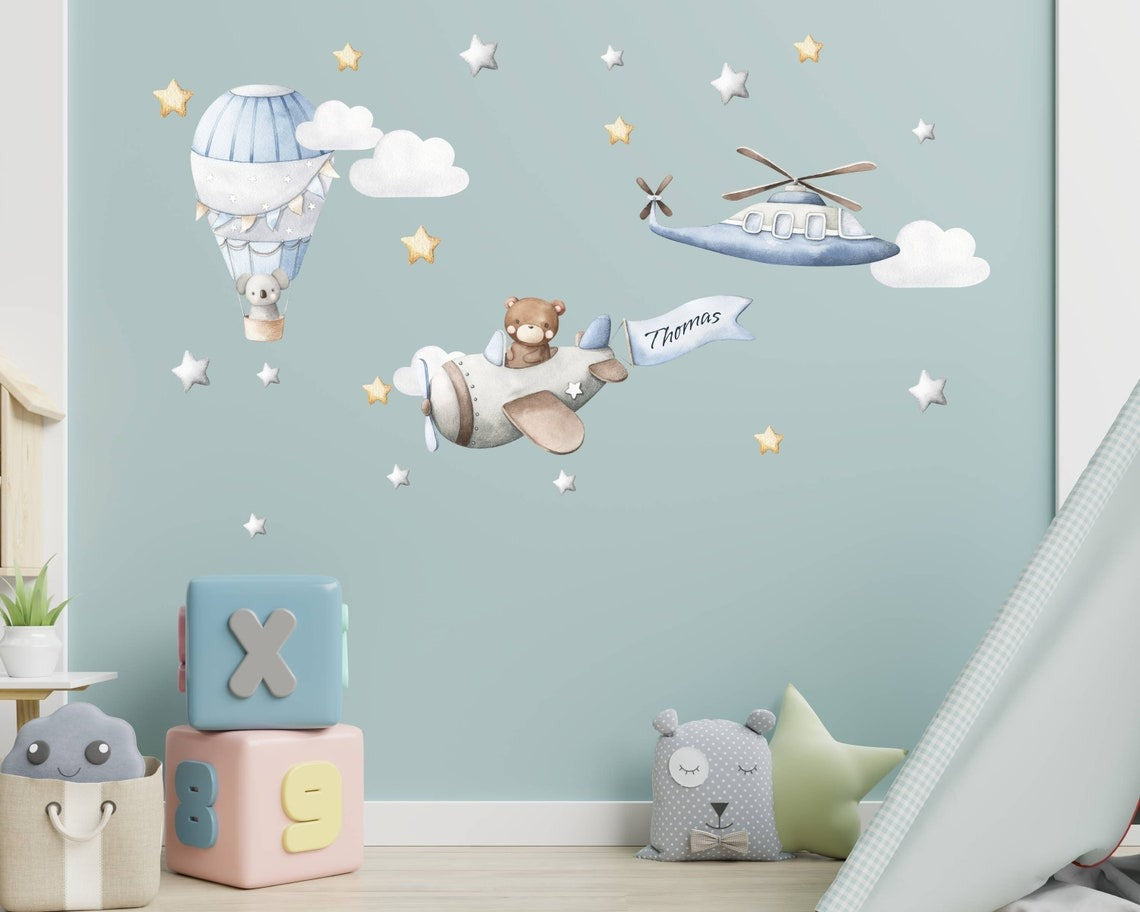 Vinilos decorativos Adhesivos infantiles de Pared  oso teddy aviador con globo aerostático niño (0016)