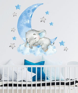 Vinilos decorativos Adhesivos infantiles de Pared Lindo bebé elefante azul lunas niño (0061)