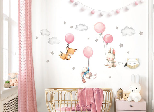 Vinilos decorativos Adhesivos infantiles de Pared Baby Room Fox Mouse and Rabbit with Balloon Stars niña (0025)