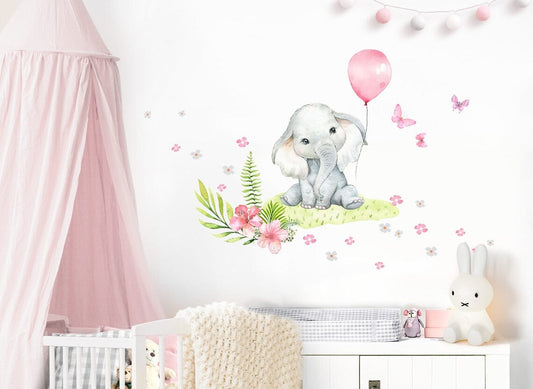 Vinilos decorativos Adhesivos infantiles de Pared Globo elefante Bebé rosado con plantas niña (0096)