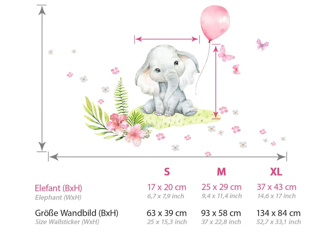Vinilos decorativos Adhesivos infantiles de Pared Globo elefante Bebé rosado con plantas niña (0096)