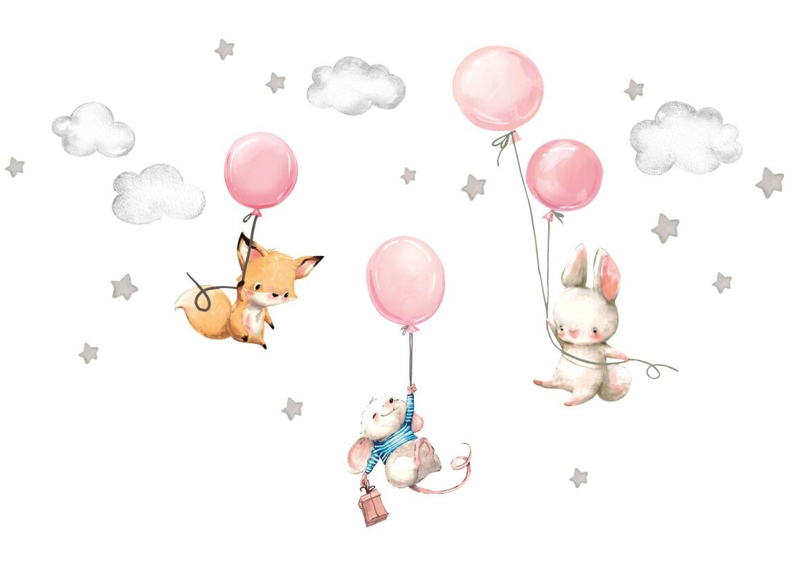 Vinilos decorativos Adhesivos infantiles de Pared Baby Room Fox Mouse and Rabbit with Balloon Stars niña (0025)