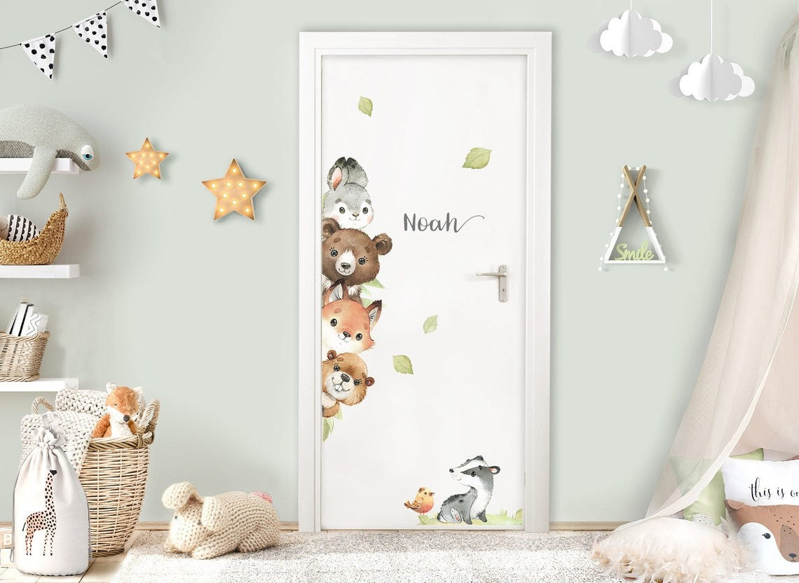 Vinilos decorativos Adhesivos infantiles puerta animales del bosque para pared de habitación niño o niña 0001