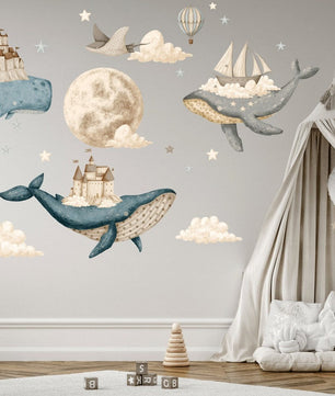 Vinilos decorativos Adhesivos infantiles de Pared bajo el mar, ballena acuarela, globos de aire caliente niño (0026)