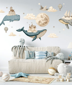Vinilos decorativos Adhesivos infantiles de Pared bajo el mar, ballena acuarela, globos de aire caliente niño (0026)