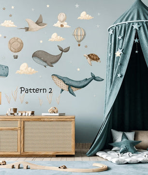 Vinilos decorativos Adhesivos infantiles de Pared bajo el mar, ballena acuarela, globos de aire caliente niño (0026)