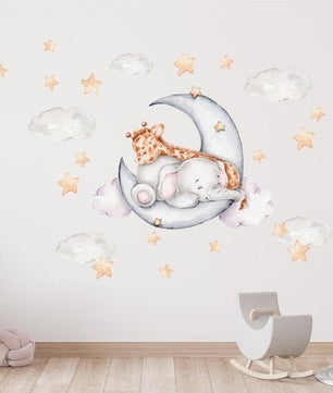 Vinilos decorativos Adhesivos infantiles de Pared Elefante y jirafa en la luna niño (0046)