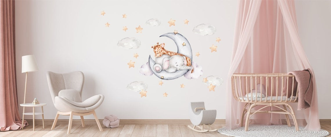 Vinilos decorativos Adhesivos infantiles de Pared Elefante y jirafa en la luna niño (0046)