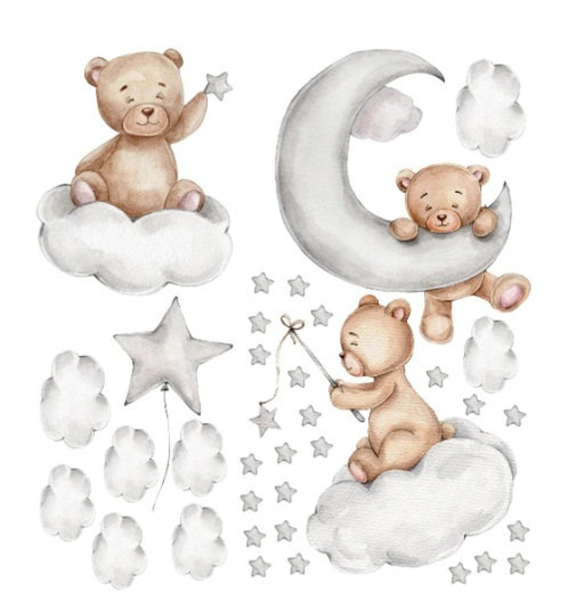 Vinilos decorativos Adhesivos infantiles de Pared Acuarela oso de peluche y estrellas niño (0020)
