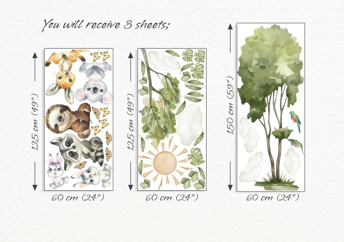 Vinilos decorativos Adhesivos infantiles de pared de acuarela de animales del bosque niño )0126)