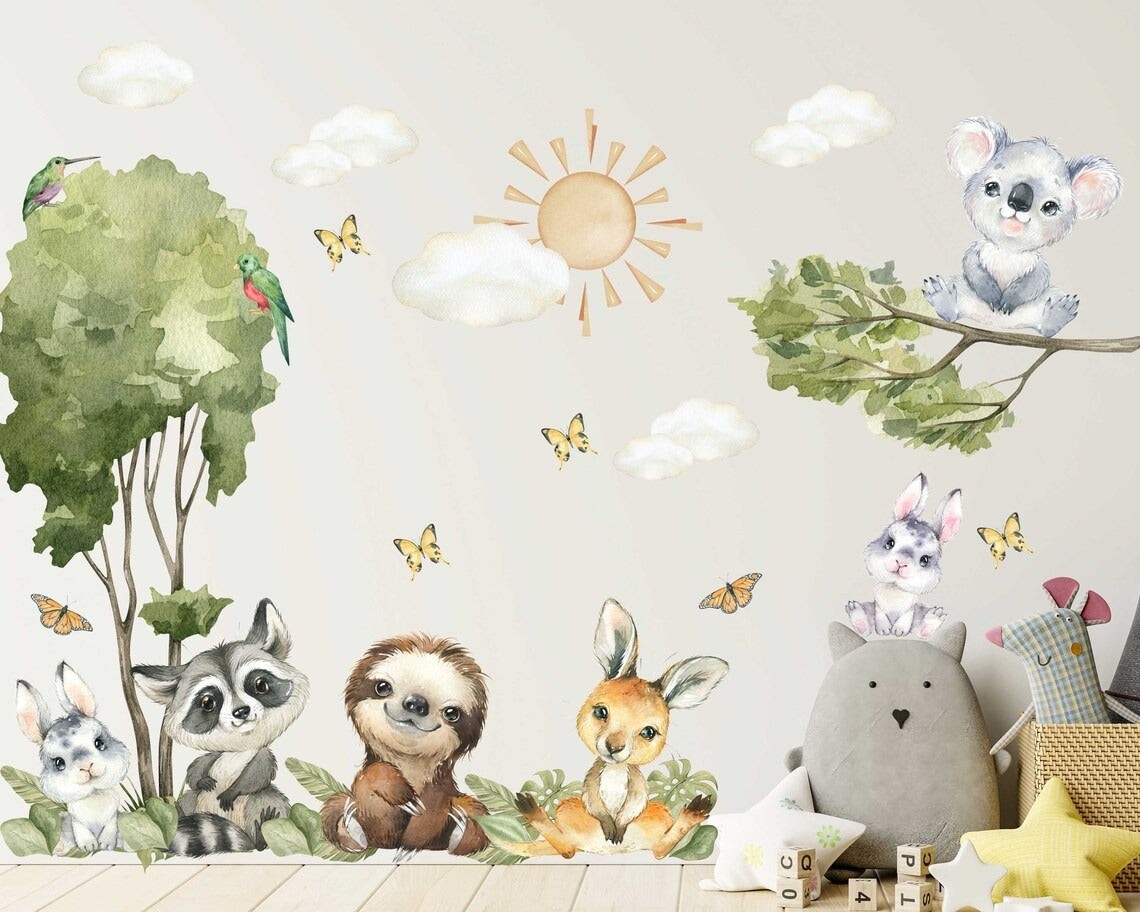Vinilos decorativos Adhesivos infantiles de pared de acuarela de animales del bosque niño )0126)