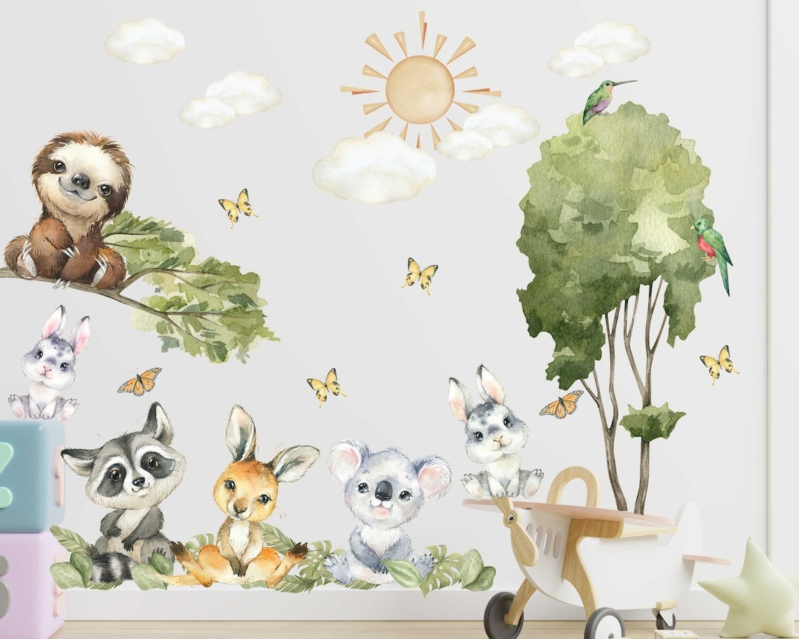 Vinilos decorativos Adhesivos infantiles de pared de acuarela de animales del bosque niño )0126)