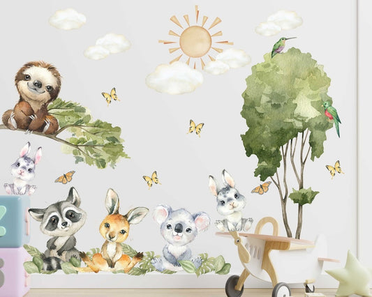 Vinilos decorativos Adhesivos infantiles de pared de acuarela de animales del bosque niño )0126)