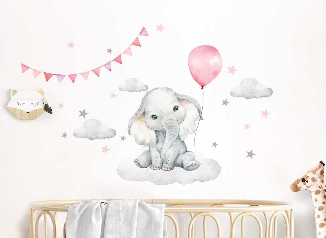 Vinilos decorativos Adhesivos infantiles de Pared Globo elefante Bebé rosado niña (0059)