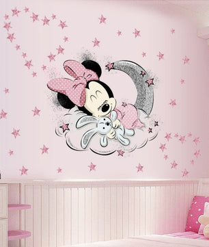 Vinilos decorativos Adhesivos infantiles de Pared minnie bebe en luna con estrellas niña (0078)