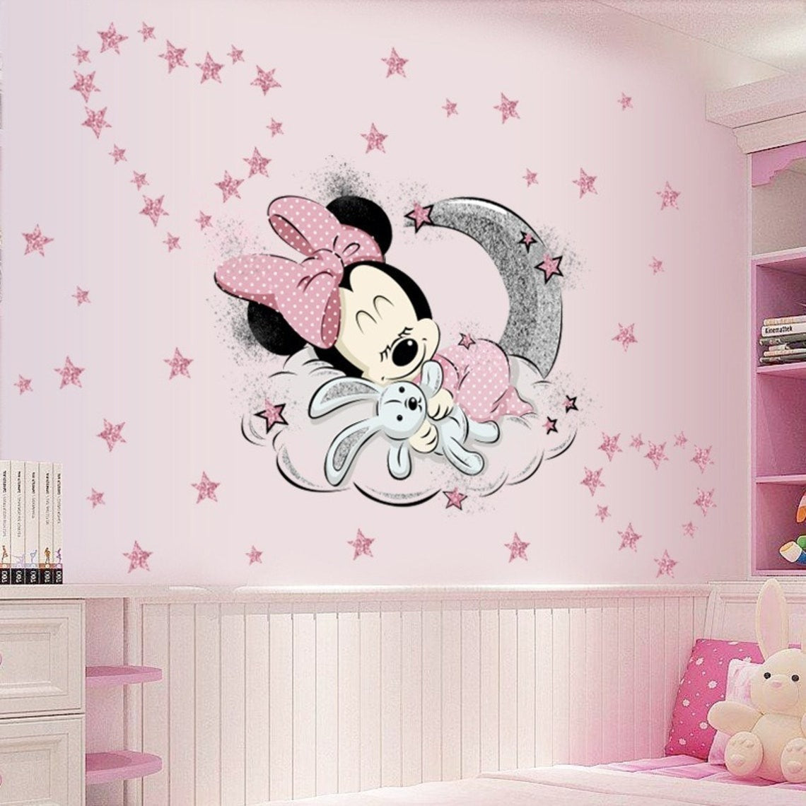 Vinilos decorativos Adhesivos infantiles de Pared minnie bebe en luna con estrellas niña (0078)