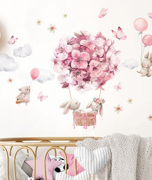 Vinilos decorativos Adhesivos infantiles de Pared conejas en globos aerostaticos (0058)