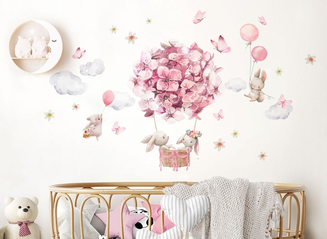 Vinilos decorativos Adhesivos infantiles de Pared conejas en globos aerostaticos (0058)