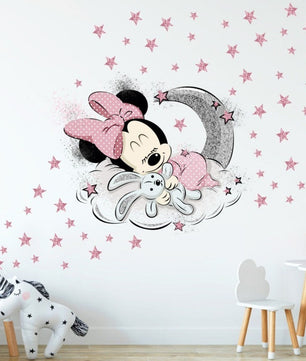 Vinilos decorativos Adhesivos infantiles de Pared minnie bebe en luna con estrellas niña (0078)