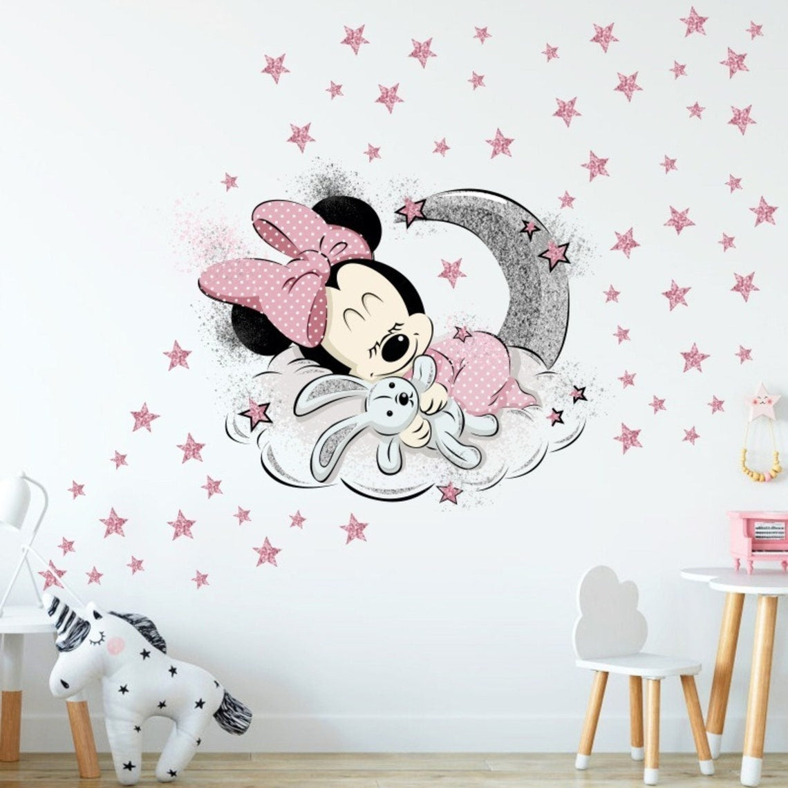 Vinilos decorativos Adhesivos infantiles de Pared minnie bebe en luna con estrellas niña (0078)