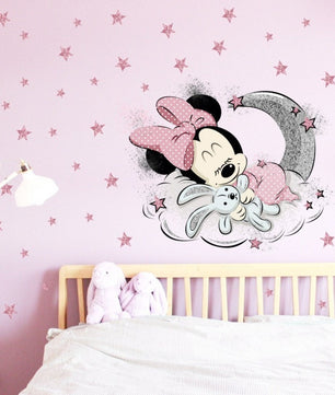 Vinilos decorativos Adhesivos infantiles de Pared minnie bebe en luna con estrellas niña (0078)