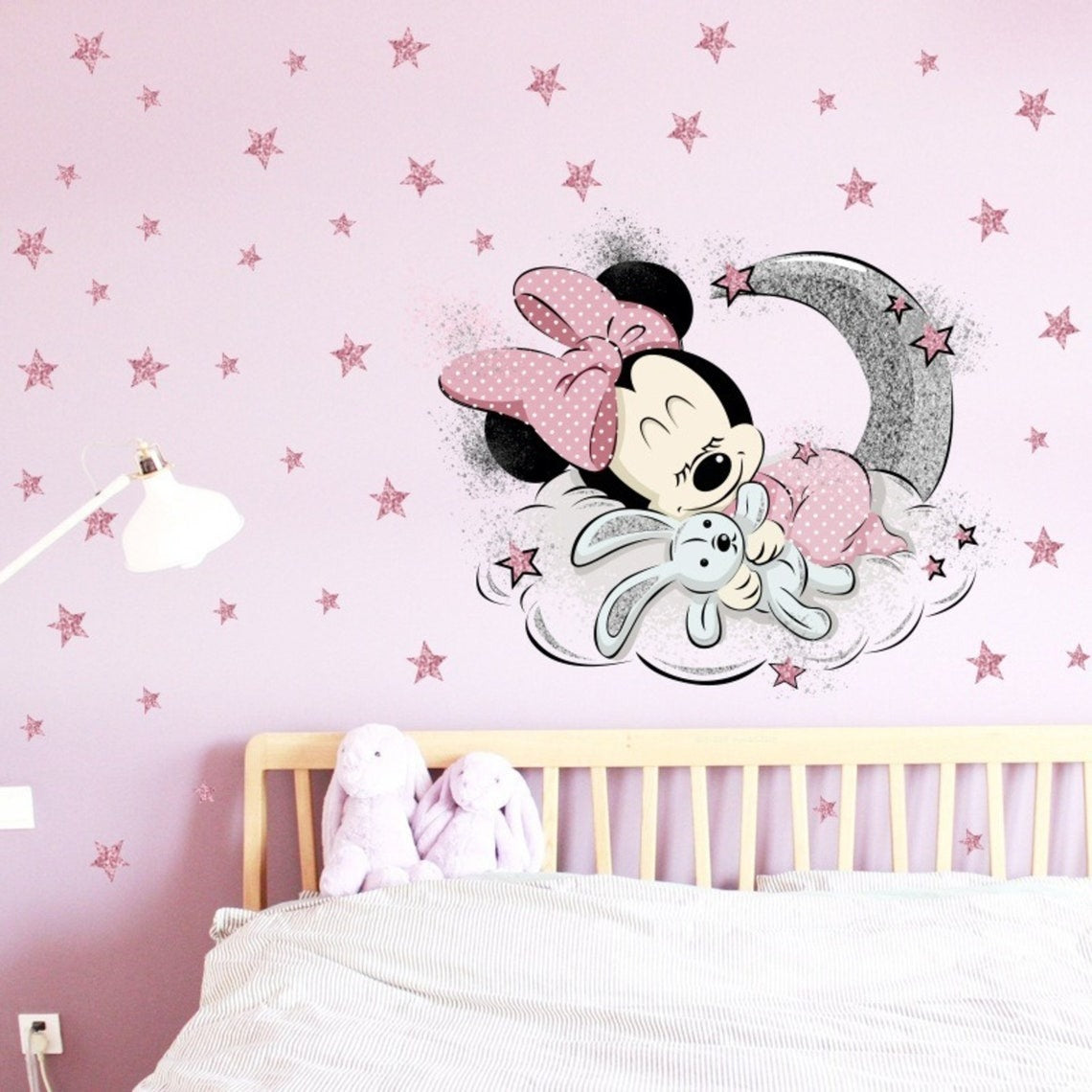 Vinilos decorativos Adhesivos infantiles de Pared minnie bebe en luna con estrellas niña (0078)