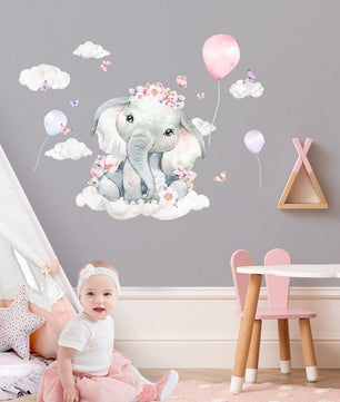 Vinilos decorativos Adhesivos infantiles de Pared Elefante con nubes niña (0042)