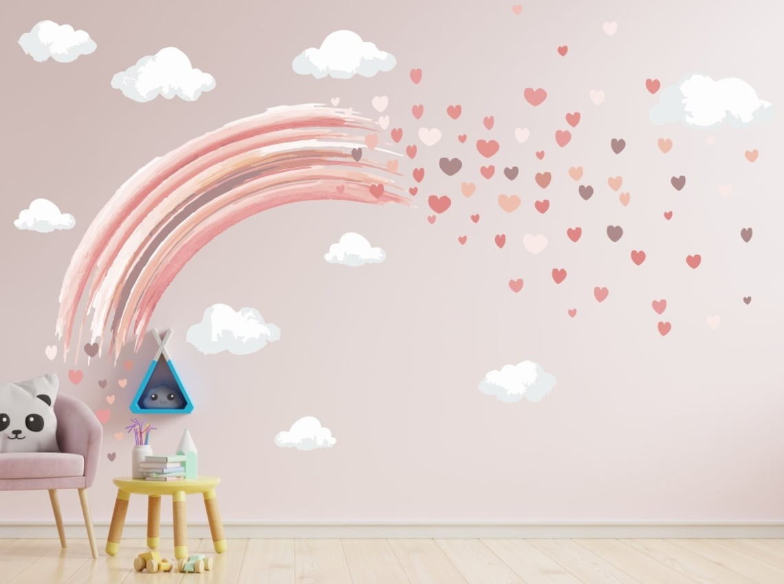Vinilos decorativos Adhesivos infantiles de Pared  arco iris y corazones niña (0011)