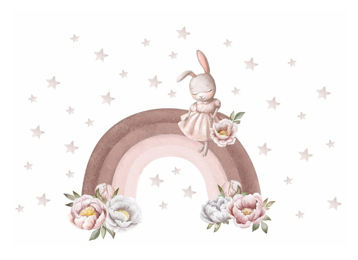 Vinilos decorativos Adhesivos infantiles de Pared arco iris pastel con coneja niña (0023)