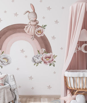 Vinilos decorativos Adhesivos infantiles de Pared arco iris pastel con coneja niña (0023)