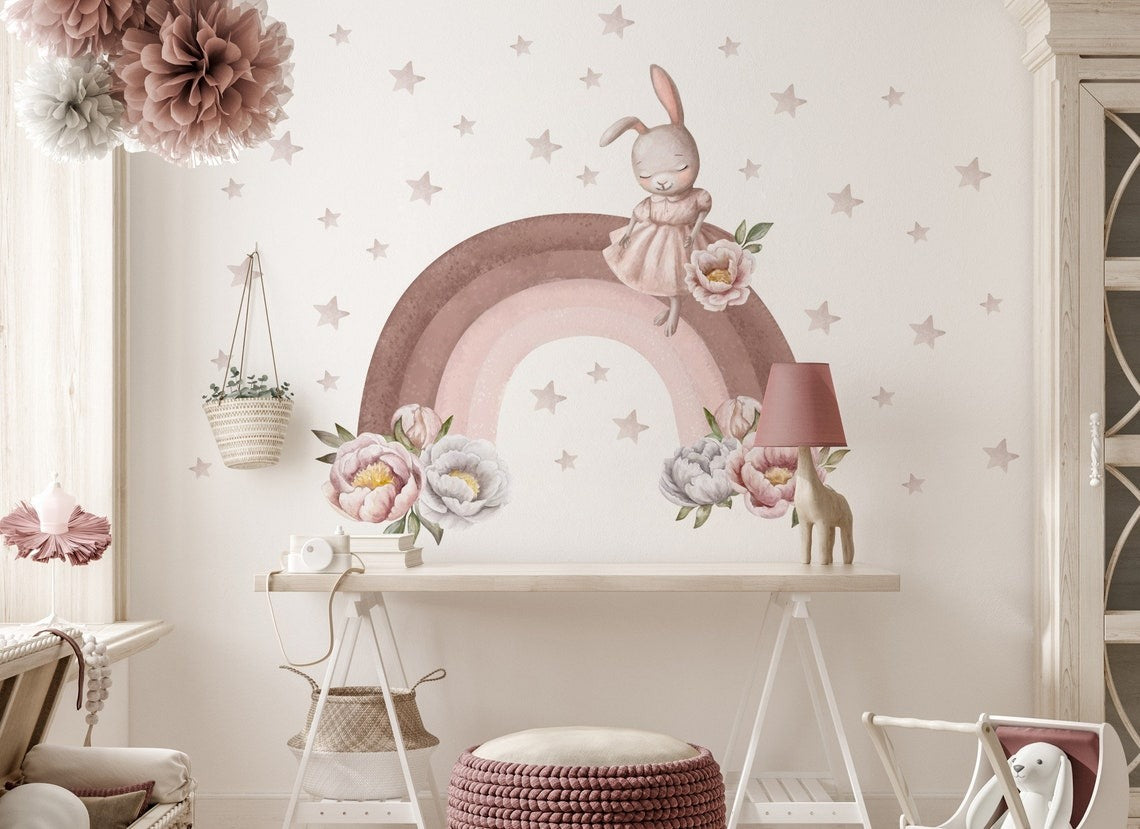Vinilos decorativos Adhesivos infantiles de Pared arco iris pastel con coneja niña (0023)