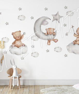 Vinilos decorativos Adhesivos infantiles de Pared Acuarela oso de peluche y estrellas niño (0020)