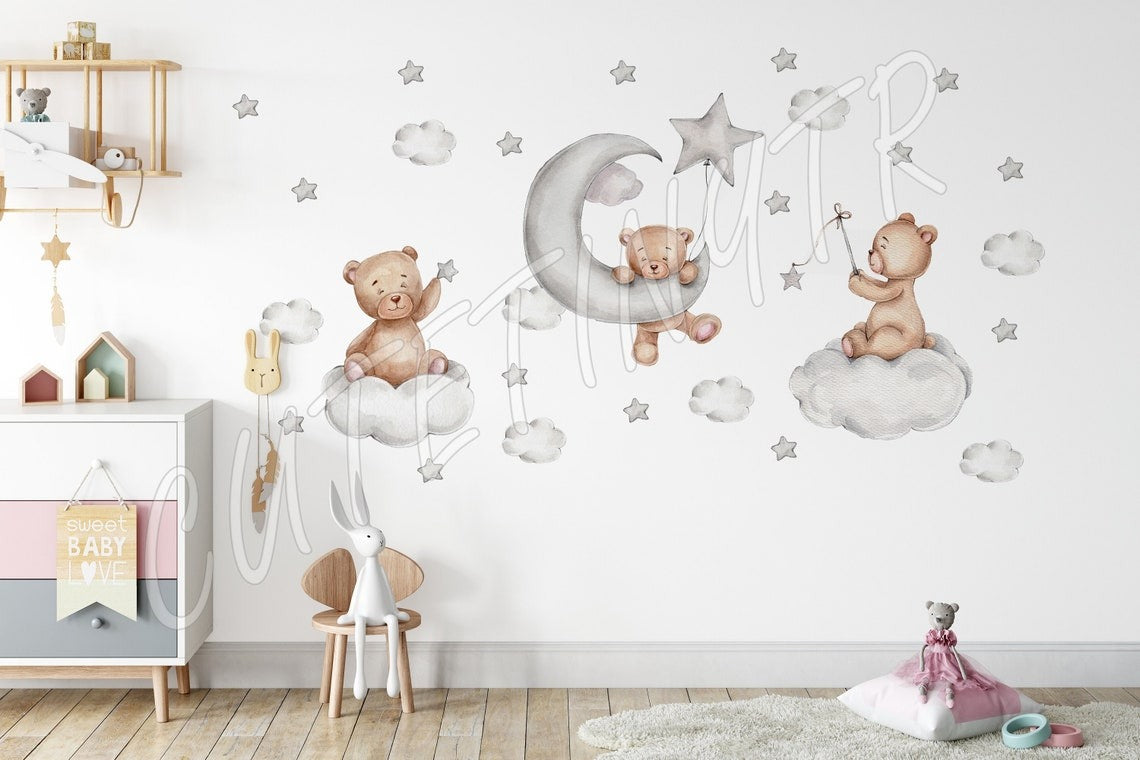 Vinilos decorativos Adhesivos infantiles de Pared Acuarela oso de peluche y estrellas niño (0020)