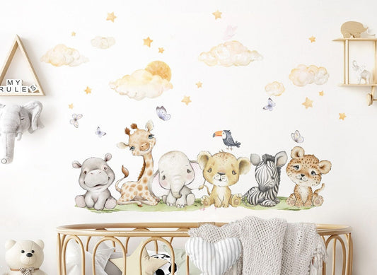Vinilos decorativos Adhesivos infantiles de Pared nubes, León, pared para habitaciones de bebés animales (0080)